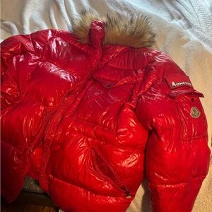 Moncler Red Puffer Jacket with Yellow Accents